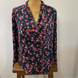 Something Navy Top draped Blouse Rosebud Print Long Sleeve size M